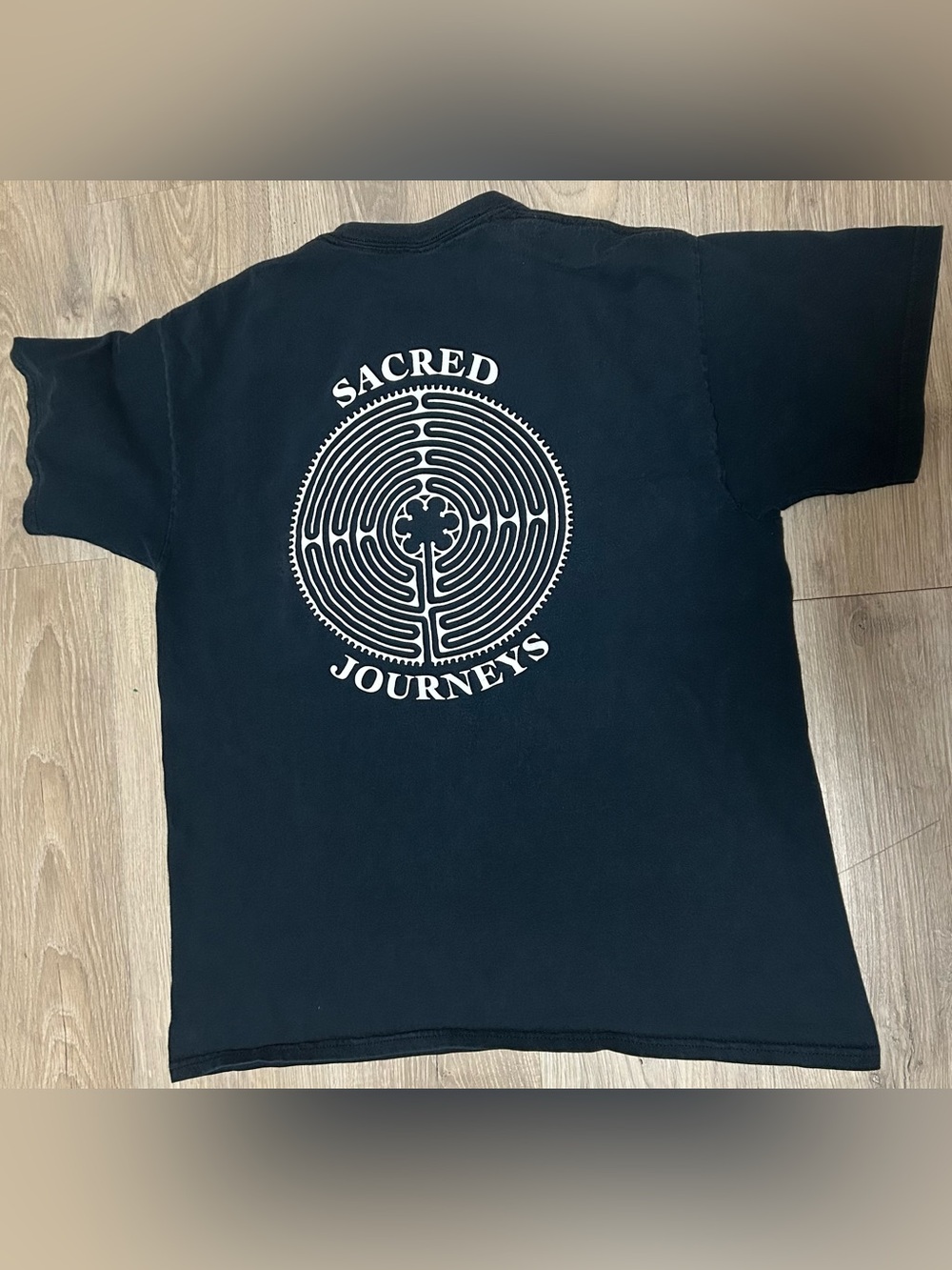 Gildan Black Tee with White 'Sacred Journeys' labyrinth Maze Graphic